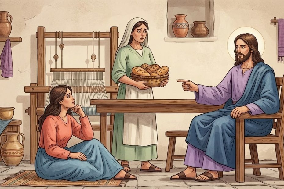 Erster Tag: Die Gastfreundschaft der Heiligen Martha - eine Frau bereitet liebevoll eine einfache Mahlzeit zu Kreuz an der Wand